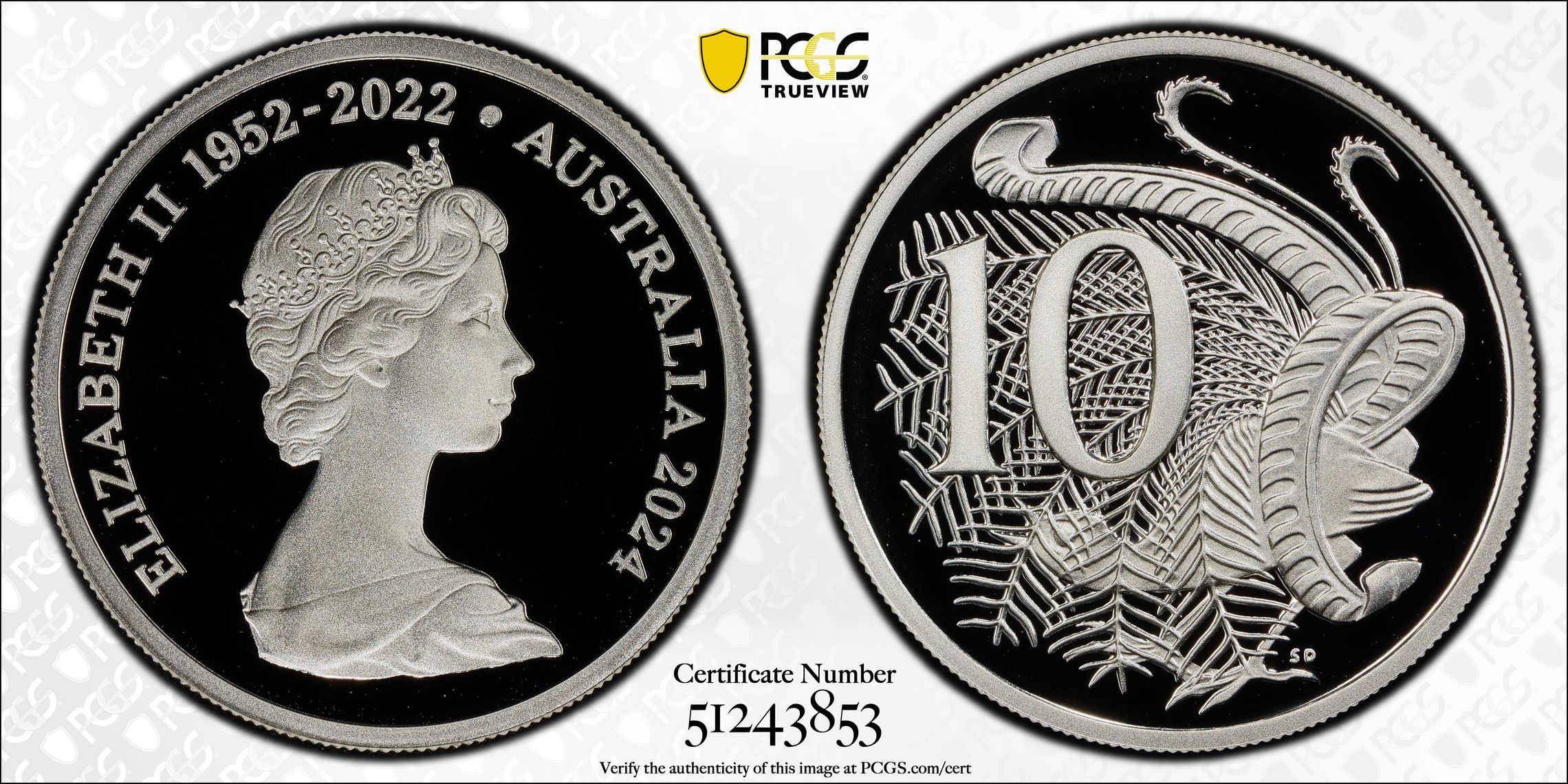 Queen Elizabeth II Silver, POP 13/0, Ten Cent, 2024, PCGS PR70DCAM