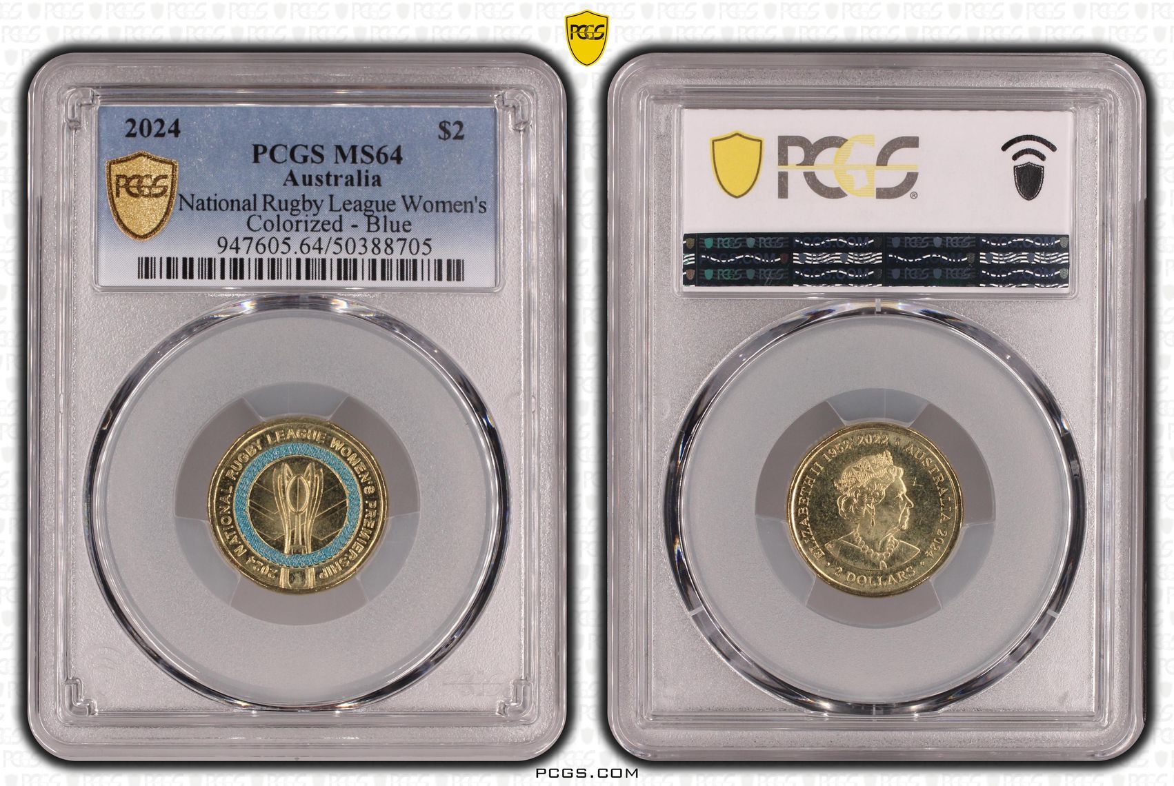 Elizabeth II, National Rugby League Women's Colorized - Blue , Two Dollar, 2024, PCGS MS64