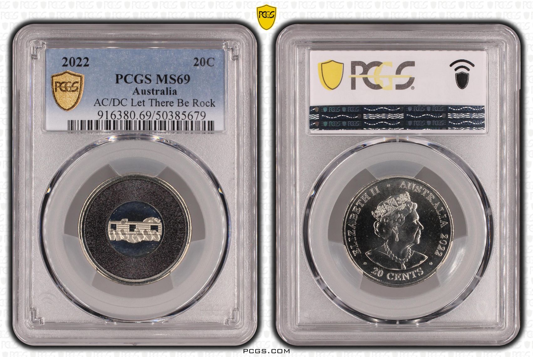 167 · Elizabeth II, AC/DC Let There Be Rock  POP 18/0, Twenty Cent, 2022, PCGS MS69