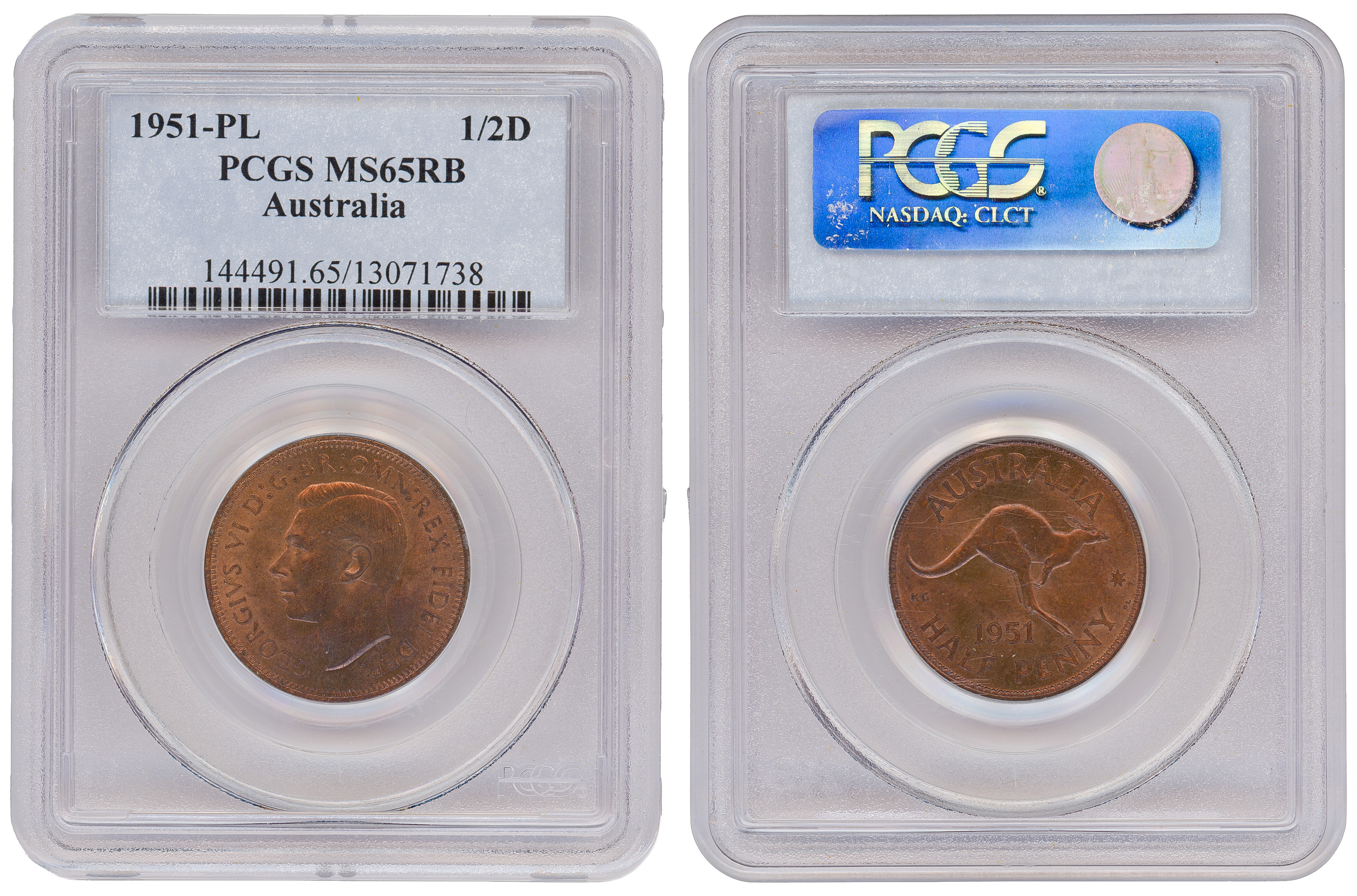 George VI, Halfpenny, 1951-PL, PCGS MS65RB