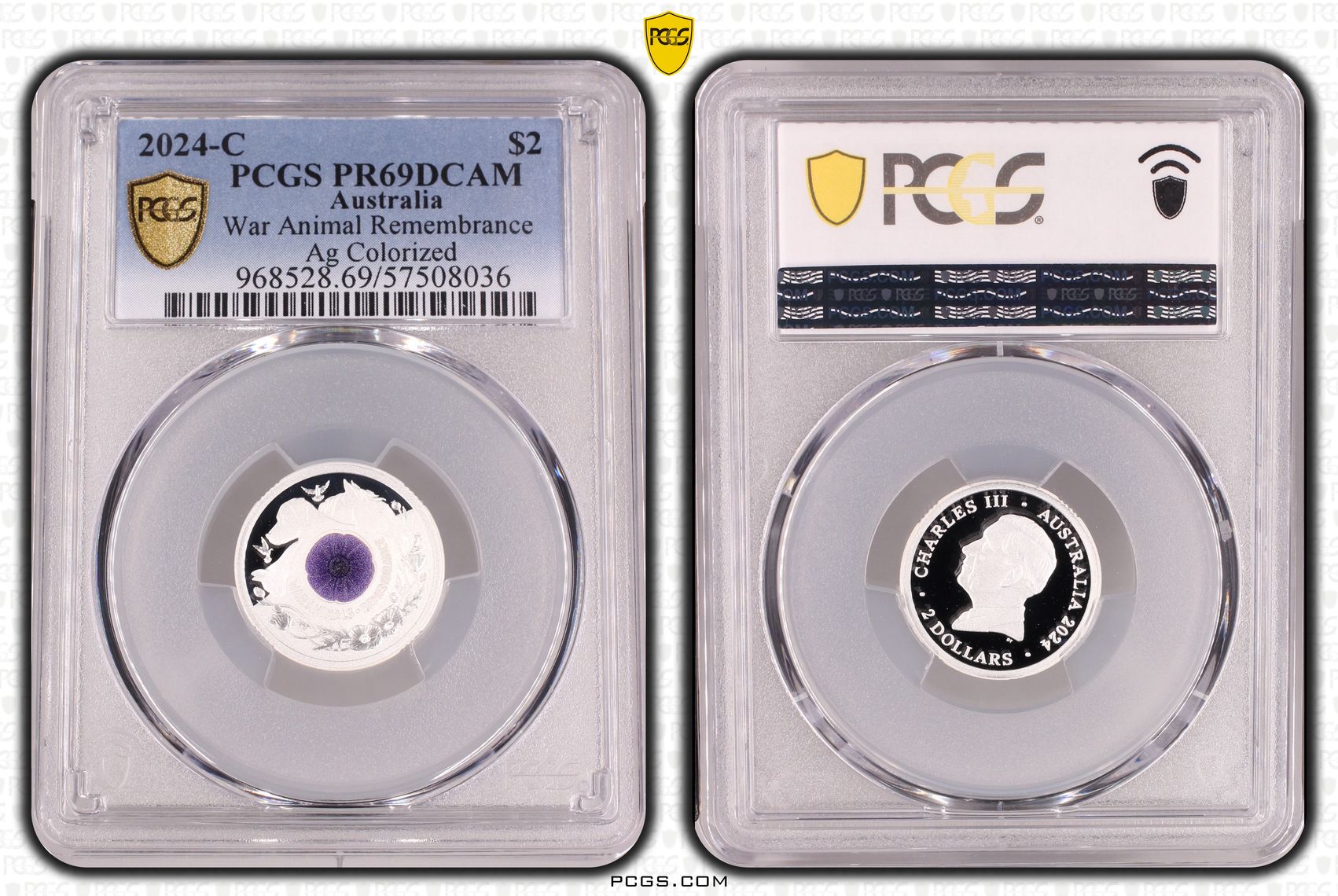Charles III, War Animal Remembrance Silver Colourised, Two Dollar, 2024-C, PCGS PR69DCAM