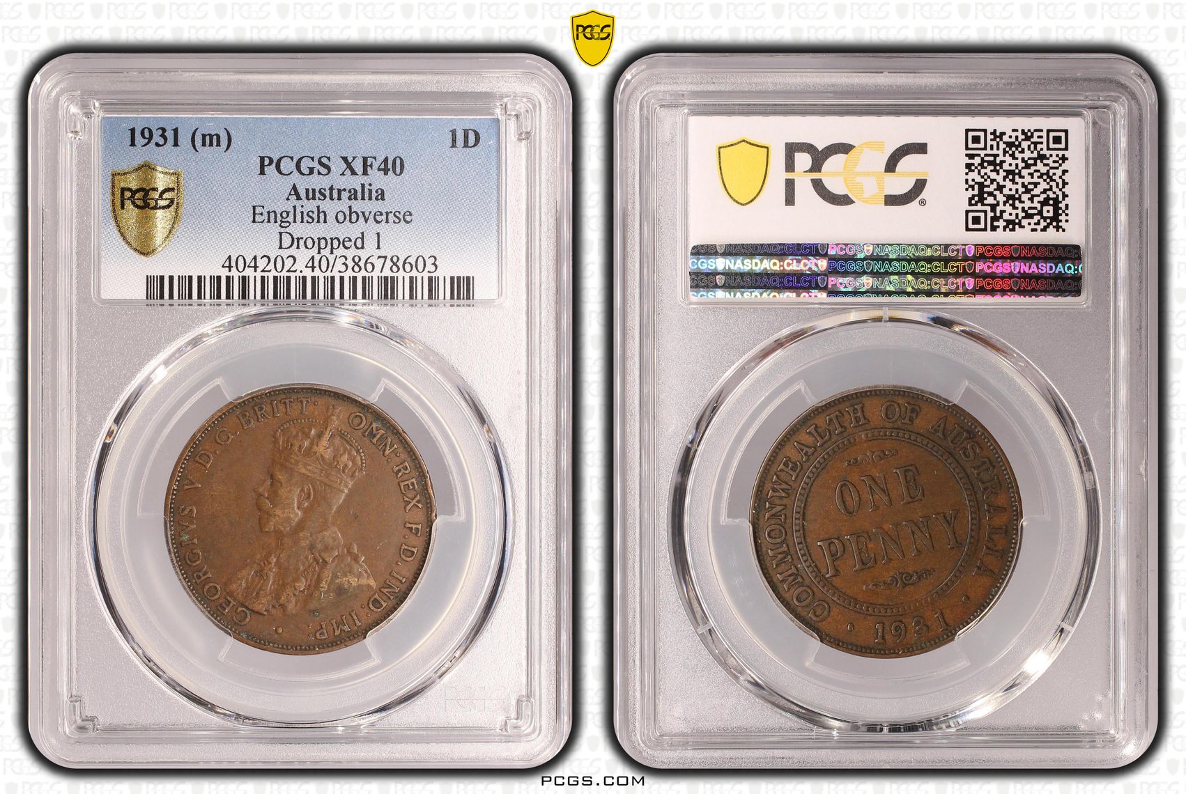 1931 Australia Penny English obverse, Dropped 1 PCGS - XF40BN -603