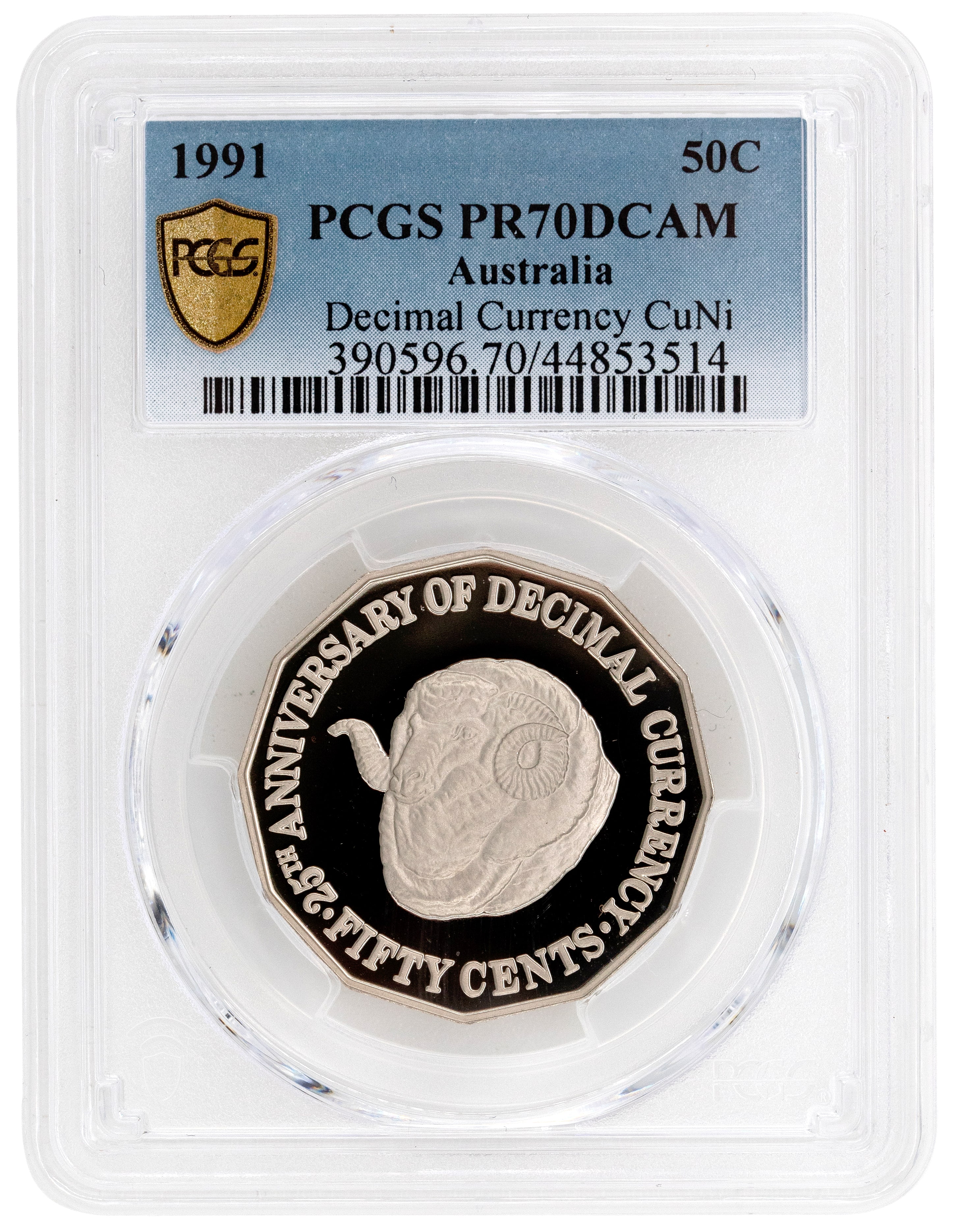 1991 Australia Fifty Cent, 50c 25th Anniversary Decimal Currency PCGS - PR70DCAM POP 19/0 -514