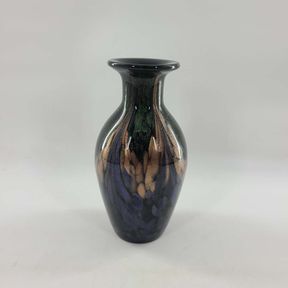 Murano Style Black Encased Gold Green Purple Glass Vase