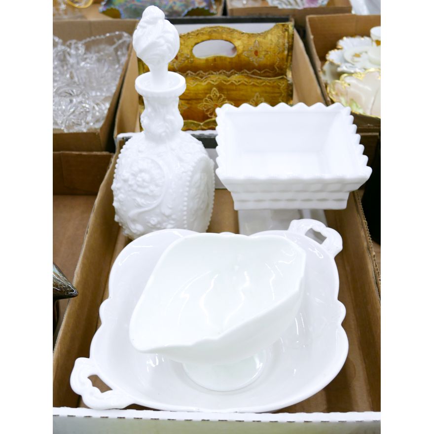 Box Milk Glass Fostoria Jenny Lind Bottle Etc.