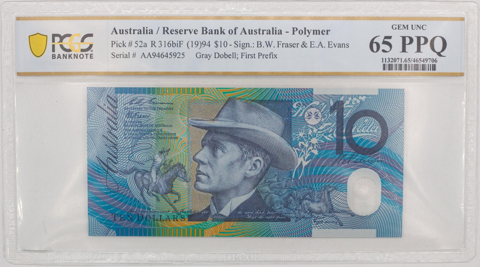 176 · RBA, Polymer, Sign.: B.W. Fraser & E.A. Evans, Gray Dobell; First Prefix, Ten Dollar, 1994, PCGS - Gem UNC 65 PPQ