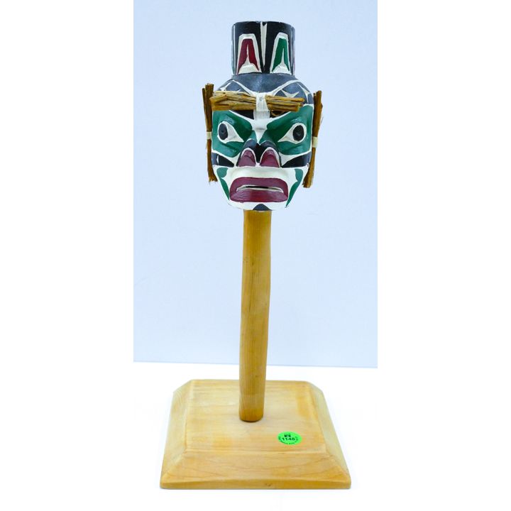 NW Coast Hawk Man Mask II Rattle on Stand 13'' - Illegibly signed George . . .