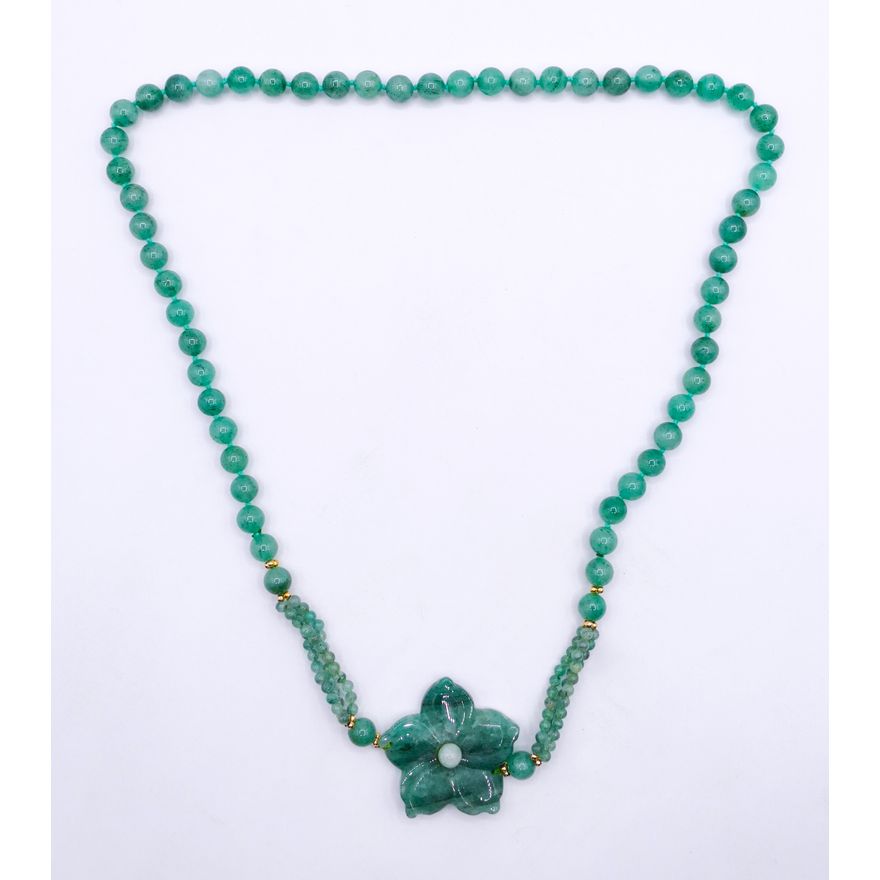 Carved Jade Bead Flower Necklace 26''