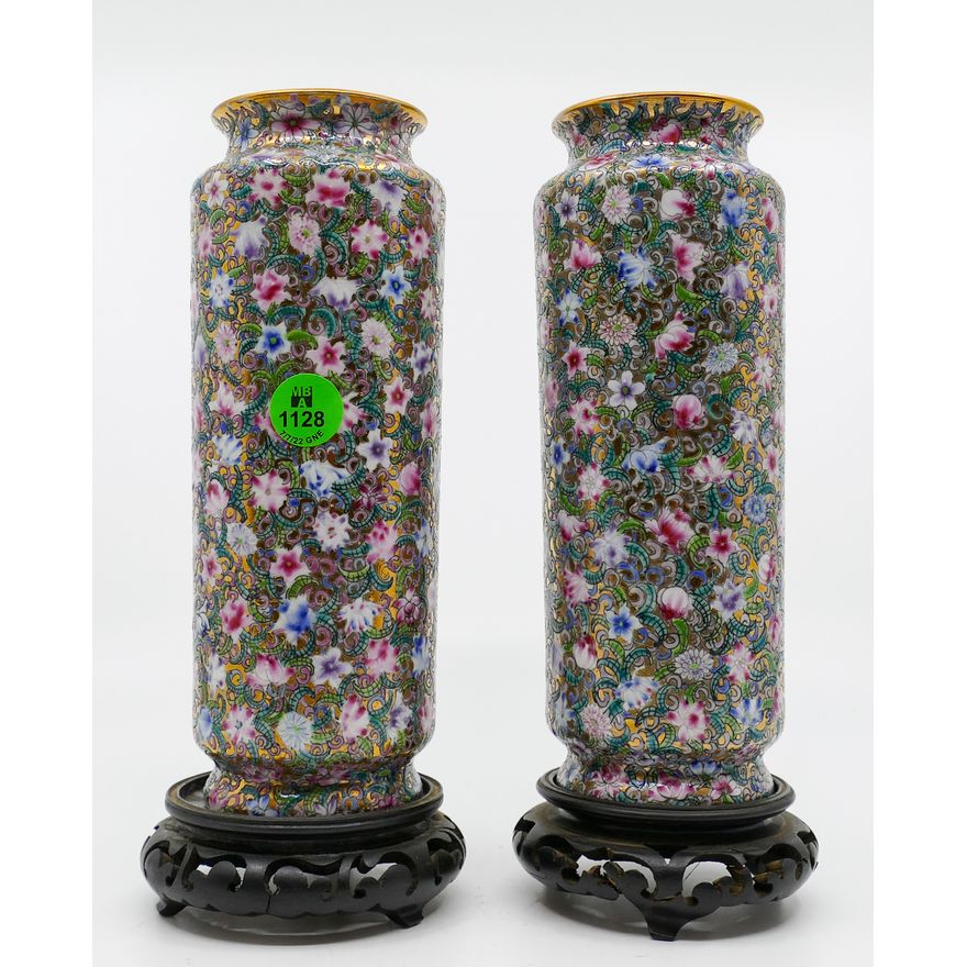Pair Chinese Republic Gilt Millefleur Cylinder Vases on Stands 9''