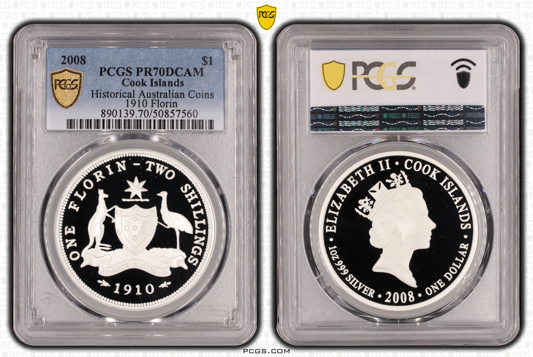 Cook Islands, Historical Australian Coins 1910 Florin POP 2/0, One Dollar, 2008, PCGS PR70DCAM