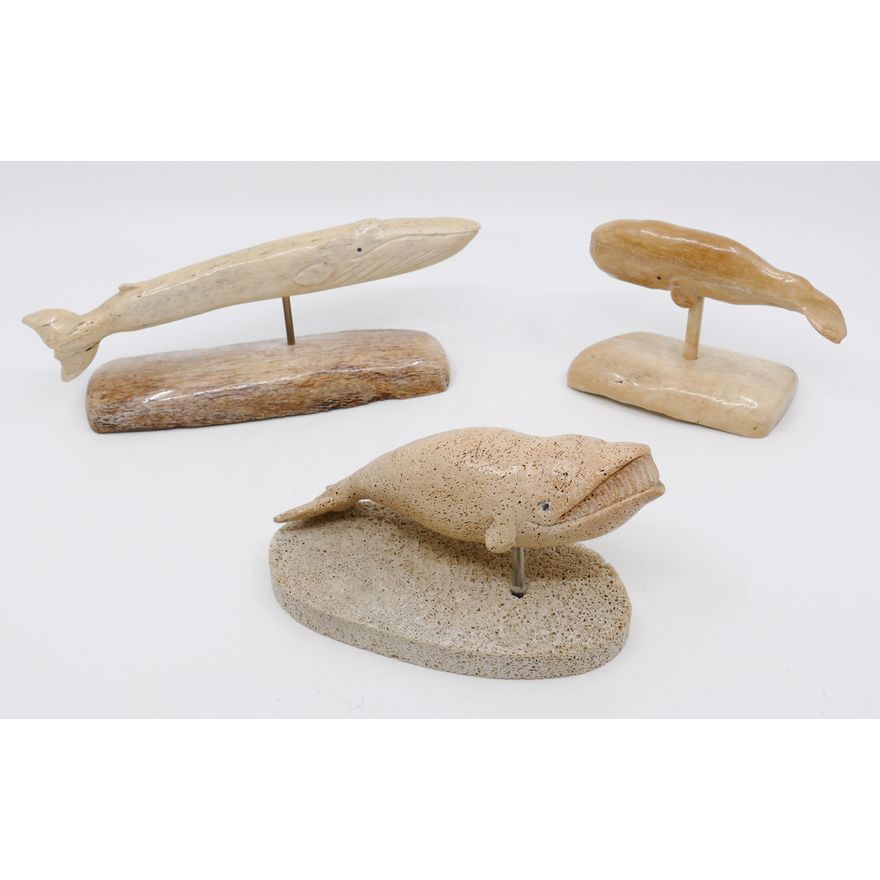 3pc Eskimo Whale Carvings on Stands Largest 9''