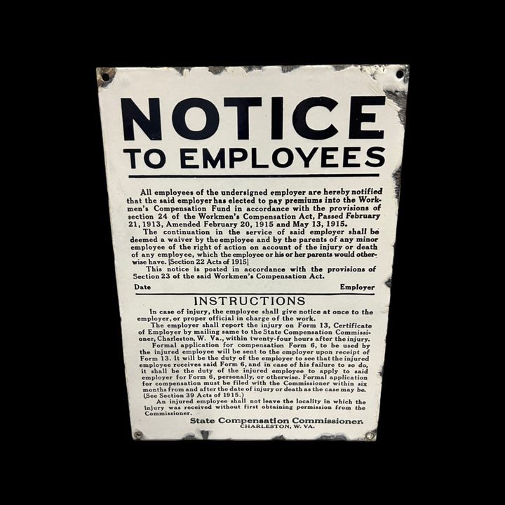 Notice State Compensation Commissioner Charleston WV Porcelain Sign