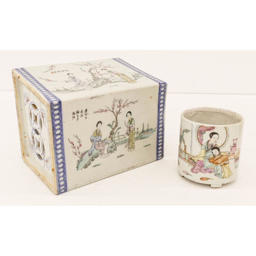 2pc Chinese Republic Qianjiang Pillow and Brush Pot