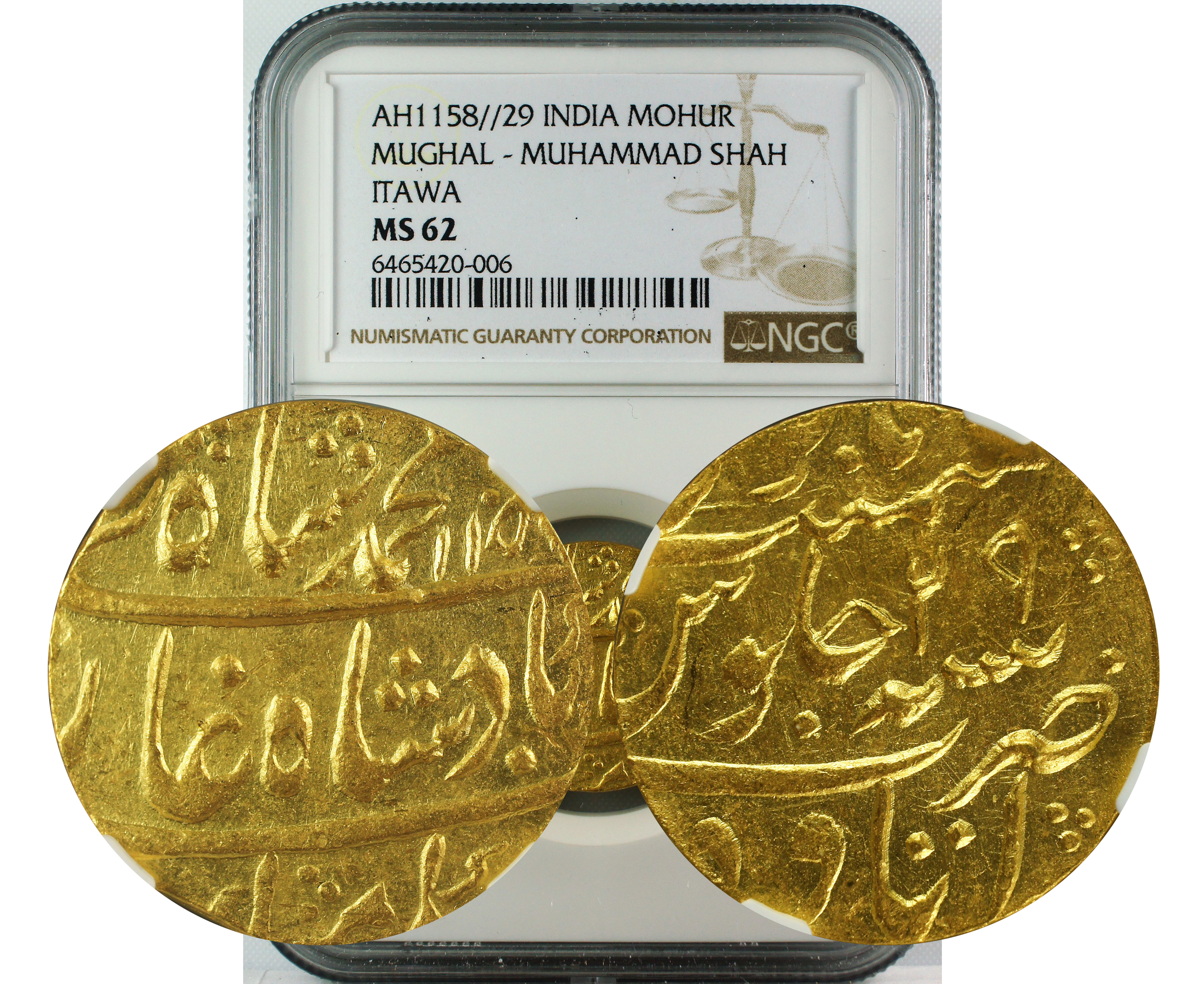 AH 1158//29 INDIA GOLD MOHUR MUGHAL-MUHAMMAD SHAH ITAWA MS62
