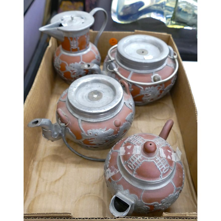 Box 4pc Old Chinese Pewter Yixing Teapots
