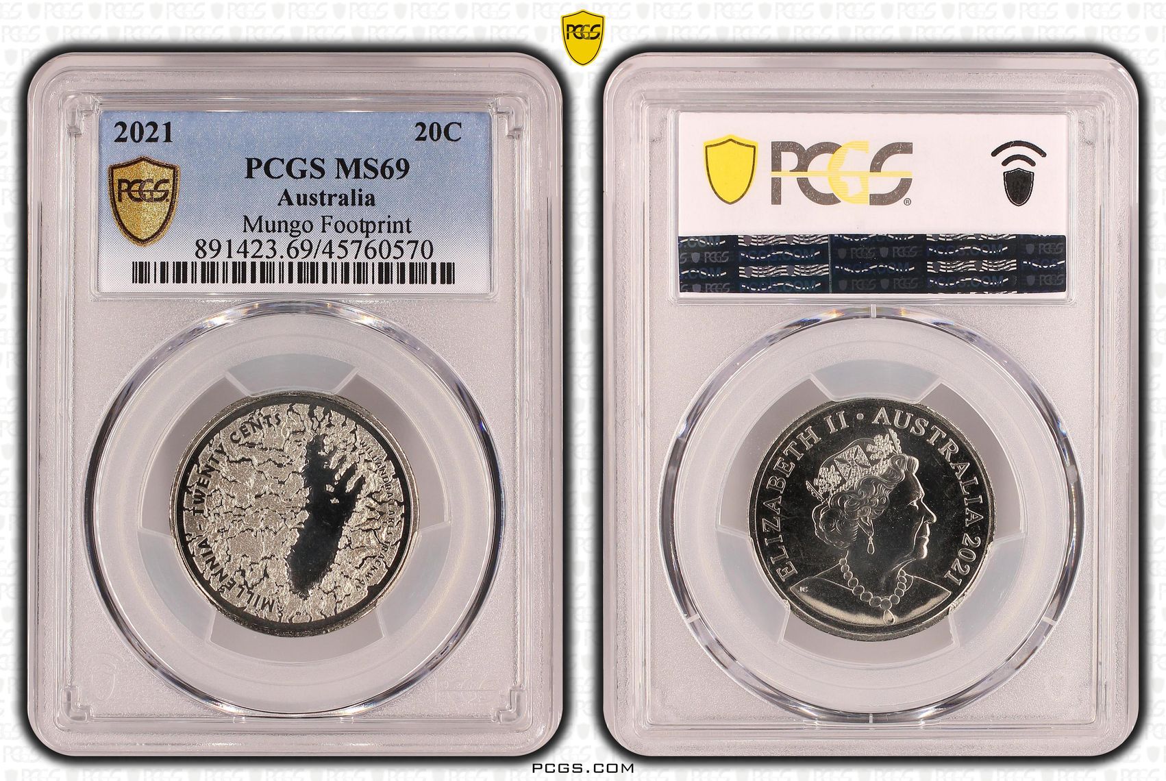 Mungo Footprint, Twenty Cent, 2021, PCGS MS 69