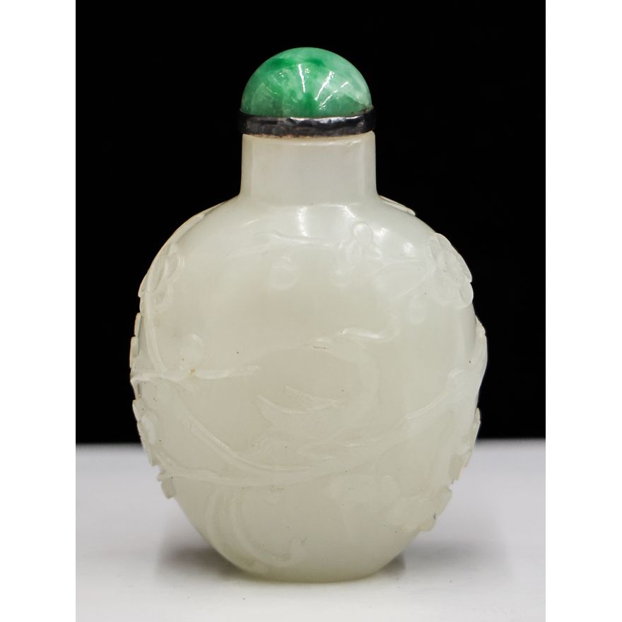 Chinese White Jade Cranes & Prunus Flowers Snuff Bottle