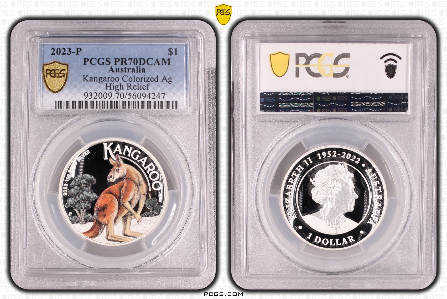 Kangaroo Colorized Silver High Relief, POP 17/0, One Dollar, 2023-P, PCGS PR70DCAM