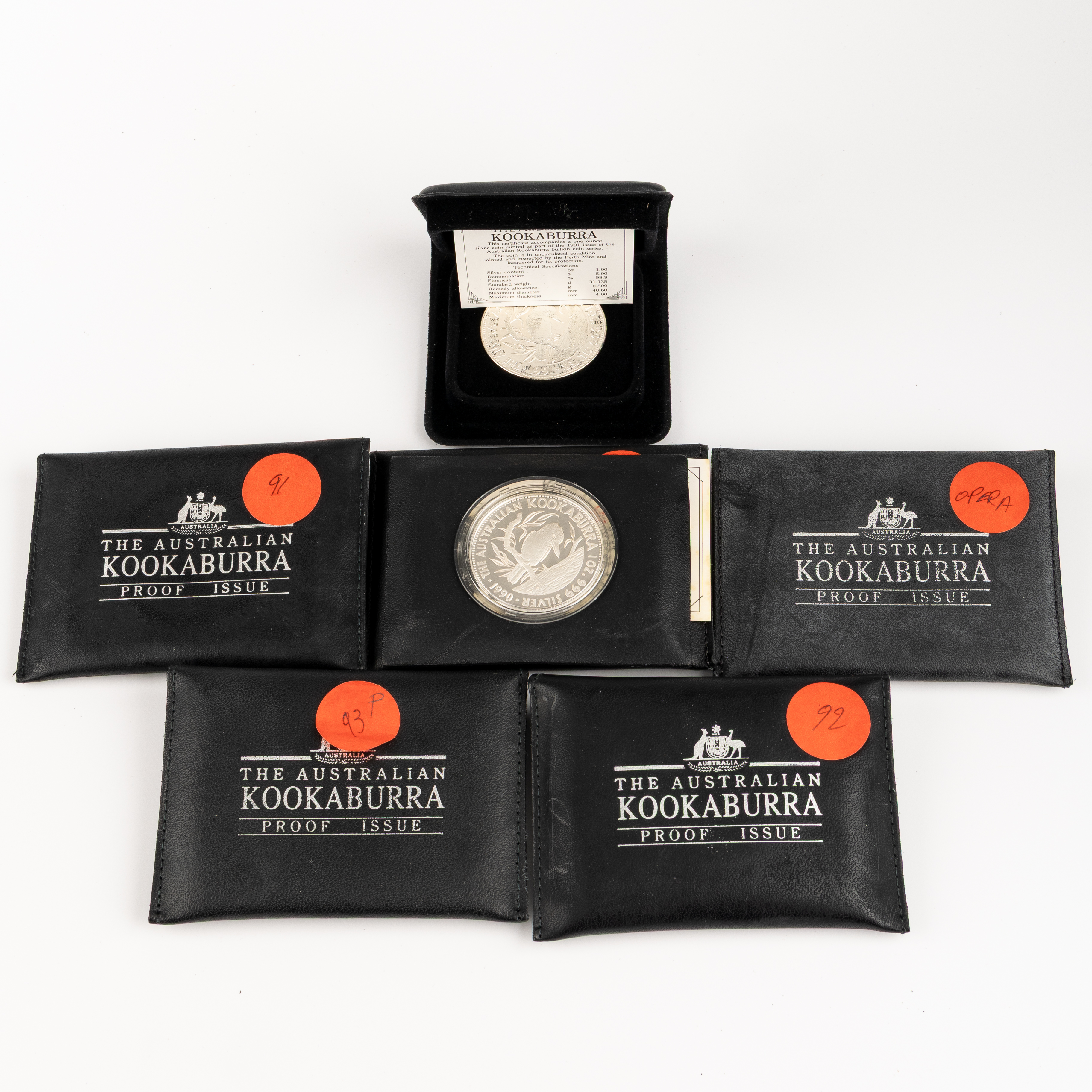 Elizabeth II, Perth Mint - Kookaburra, One Dollar - Five Dollars, 1990 - 1993, FDC