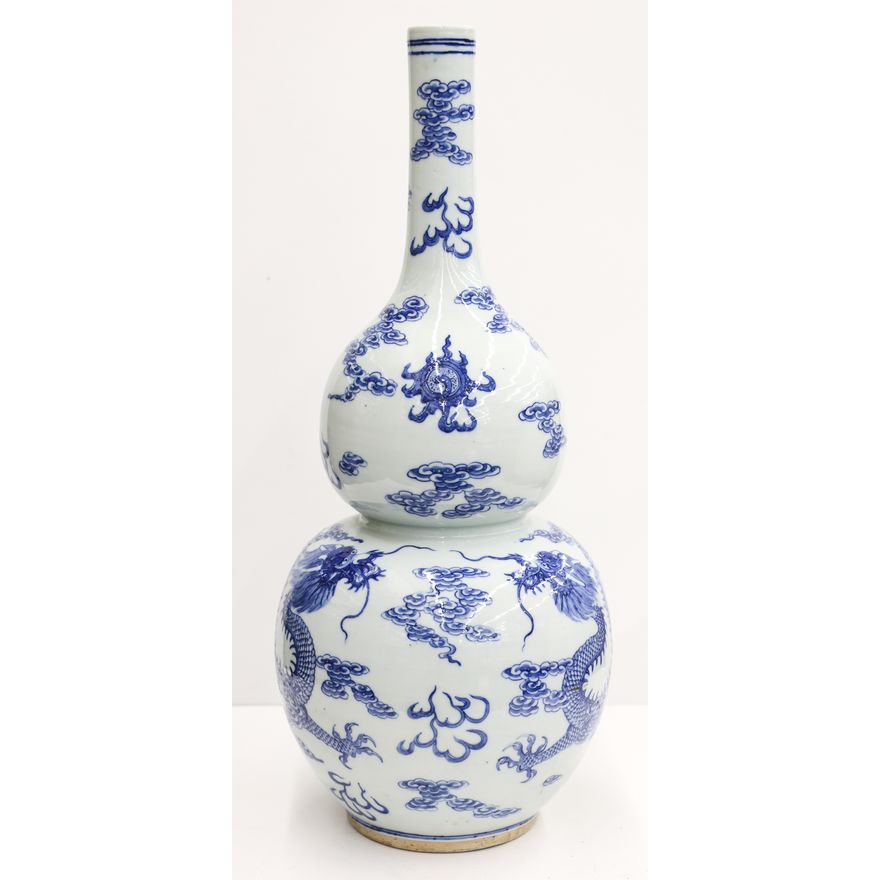 Chinese Blue & White Dragon Double Gourd Vase