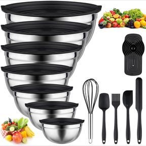 MIXING BOWLS WITH LIDS SET - 26 PCS STAINLESS STEEL NESTING BLACK MIXING BOWLS SET FOR BAKING, MIXING, SERVING & PREPPING, SIZE 5,