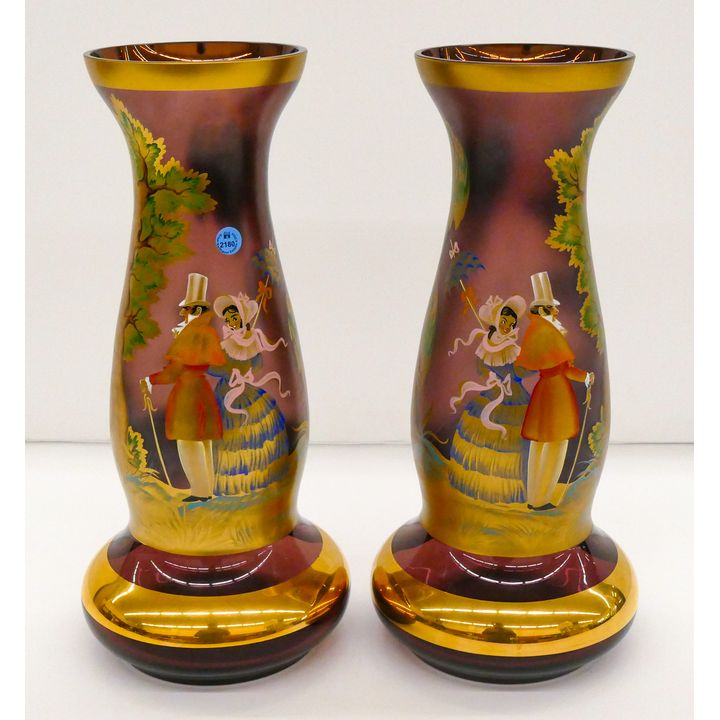 Pair European Gilt Enameled Amethyst Glass Vases 18''