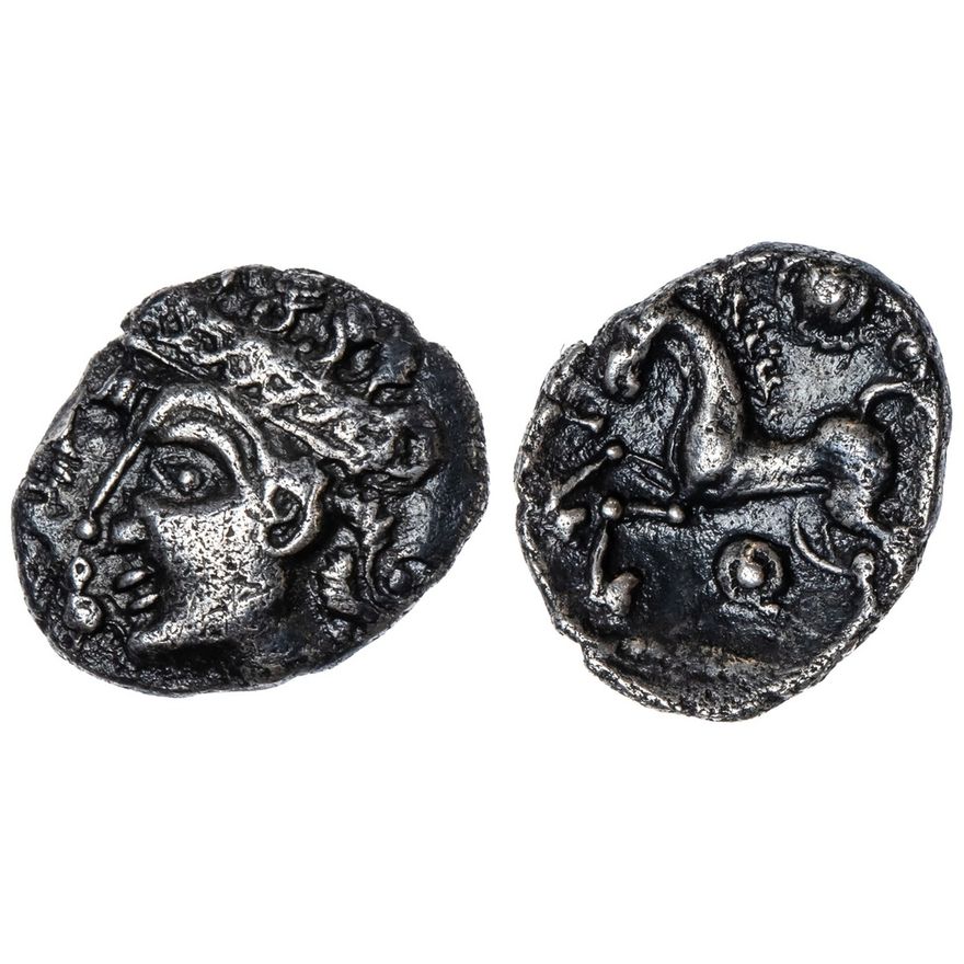 Iceni (50-15 BC), AR Unit, 'Bury Diadem' Type, female head left, heart ...