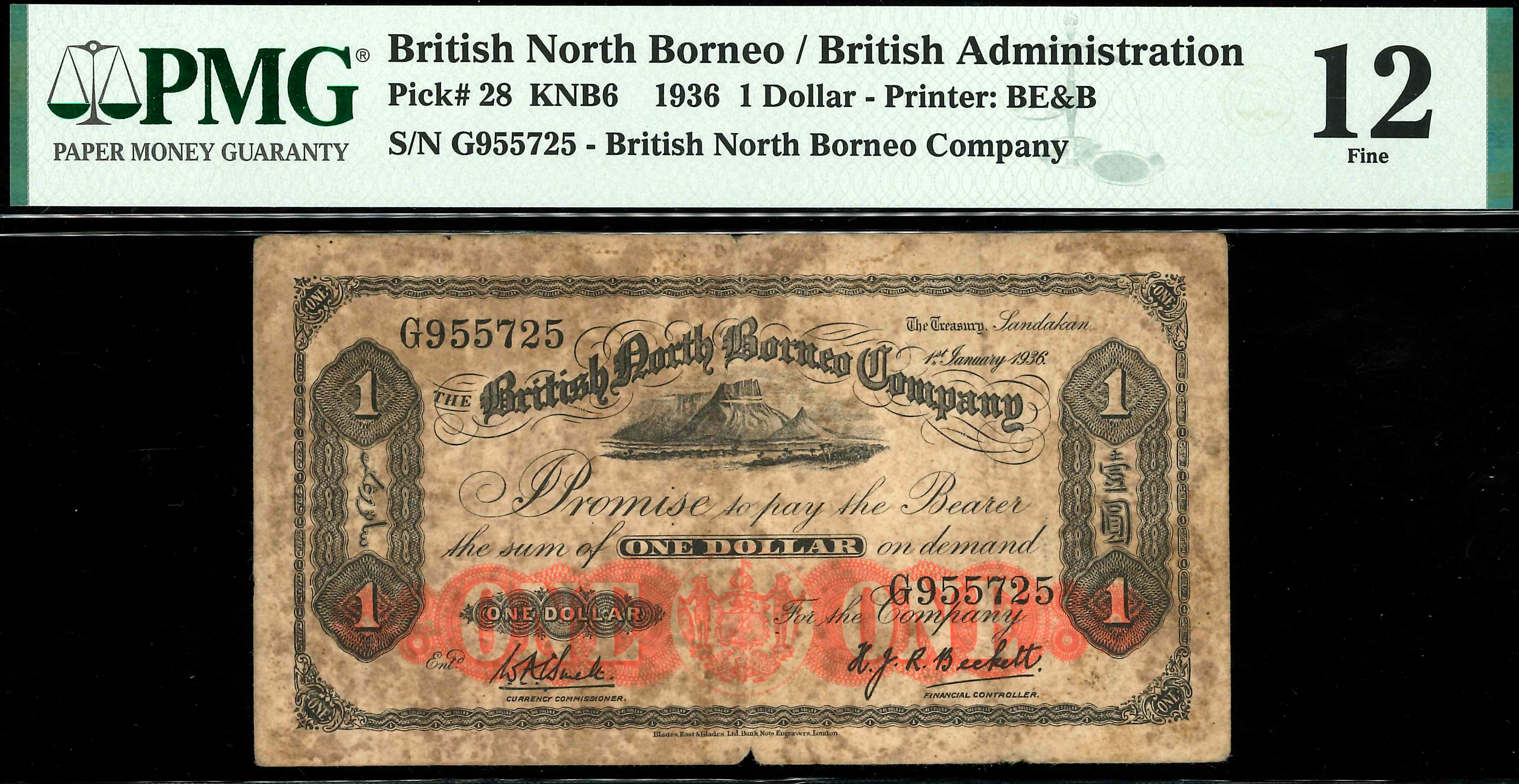 British North Borneo, 1936, 1 Dollar, S/N. G 955725, PMG 12 