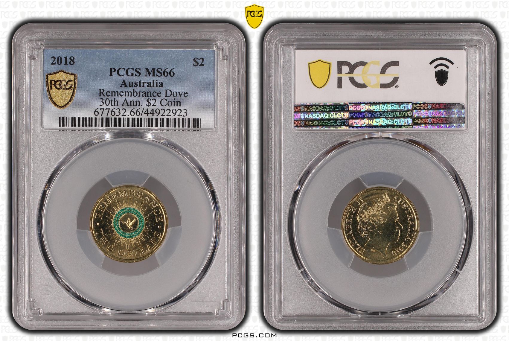 2018 Australia Two Dollar, $2 Remembrance Dove 30th Ann. $2 Coin PCGS - MS66 -923