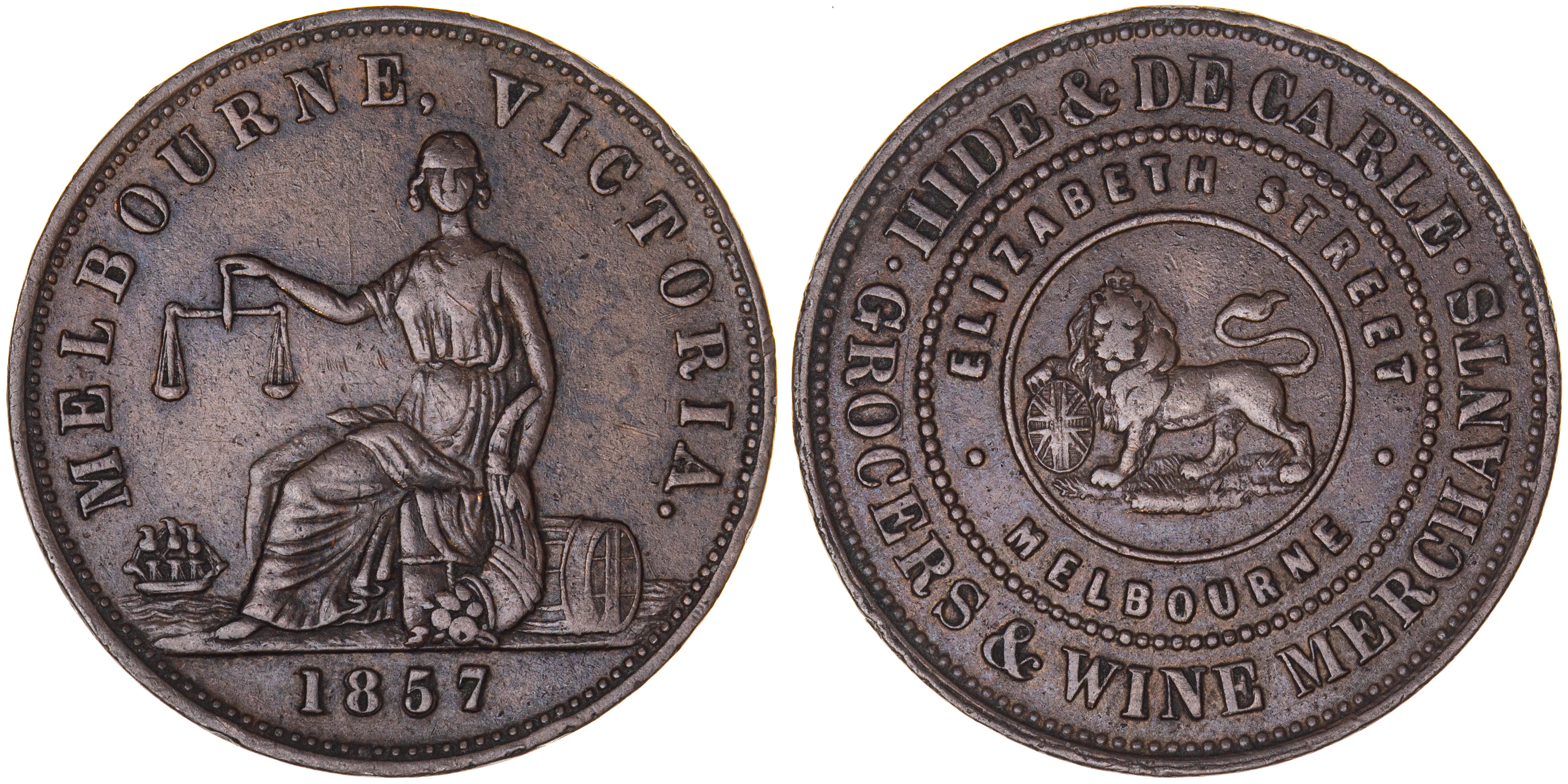 A.108a - Hide & DeCarle, Melbourne, Halfpenny, 1857, gVF