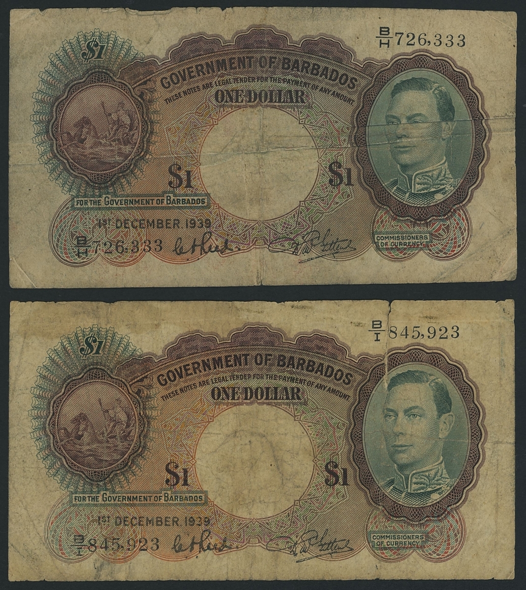 Government of Barbados, [2 notes] $1, 1st December 1939, serial numbers ...
