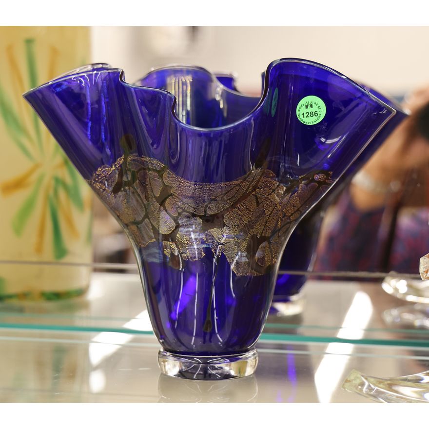 Michael Nourot Cobalt Studio Glass Ruffled Vase 8''