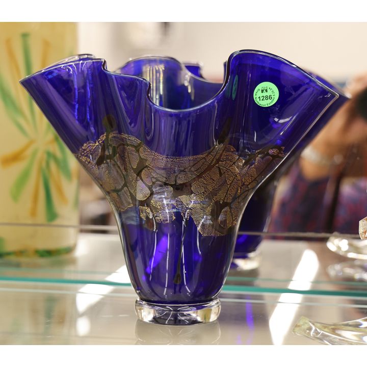 Michael Nourot Cobalt Studio Glass Ruffled Vase 8''