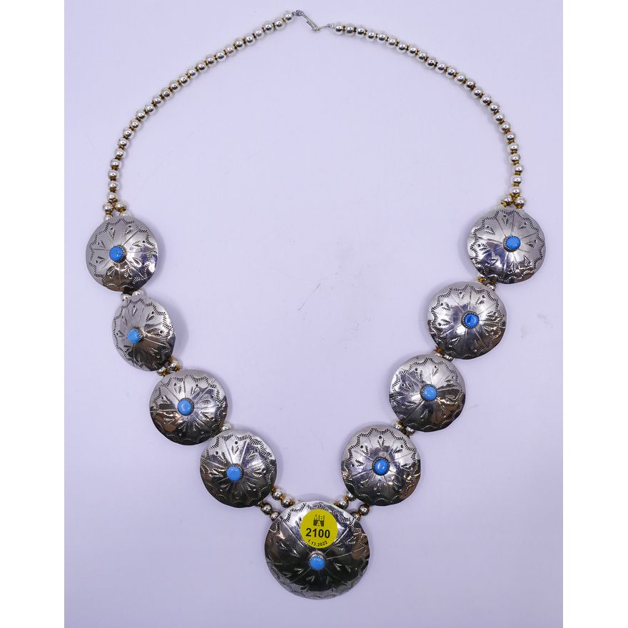 Southwest Turquoise Bead Squash Blossom Necklace- 26''
