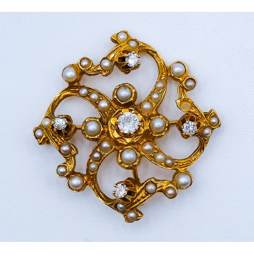 Edwardian 14k Diamond & Seed Pearl Brooch 1.25''
