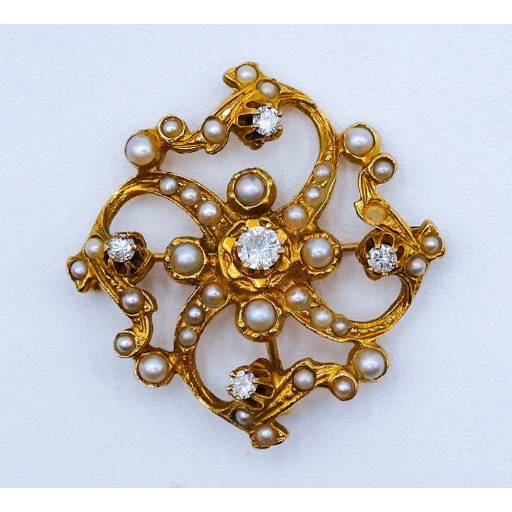 Edwardian 14k Diamond & Seed Pearl Brooch 1.25''