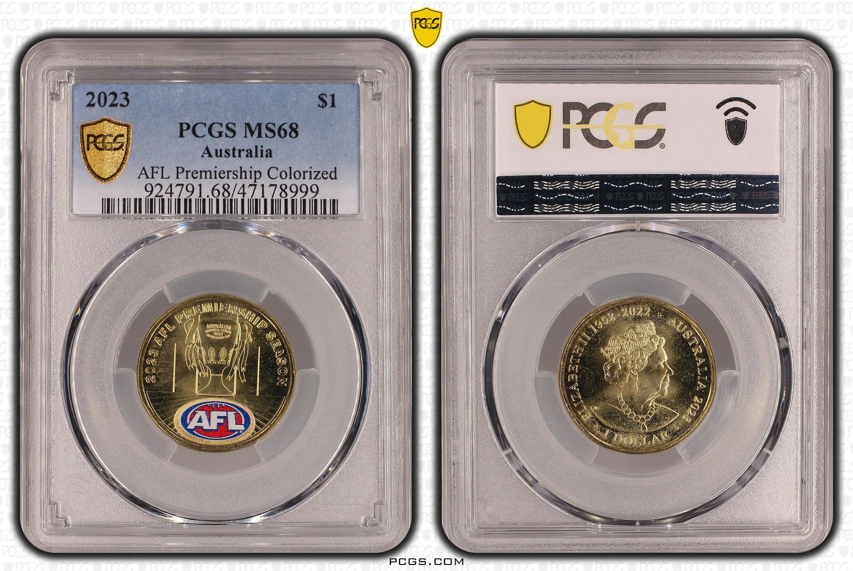 Elizabeth II, AFL Premiership Colorized, One Dollar, 2023, PCGS MS68