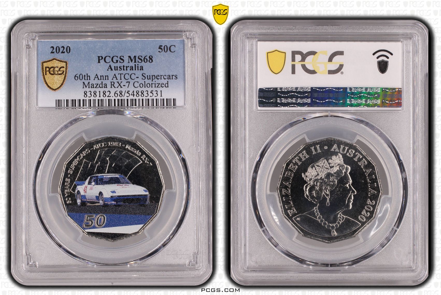 60th Ann ATCC- Supercars Mazda RX-7 Colorized, Fifty Cent, 2020, PCGS MS68