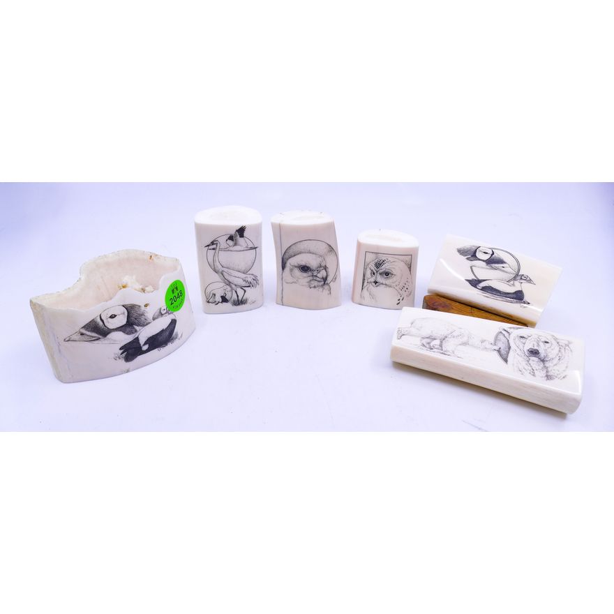 6pc Fine Scrimshawed Animal Portraits - 2'' to 4''