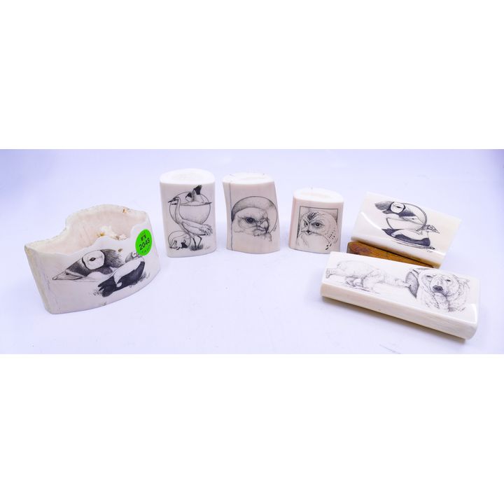 6pc Fine Scrimshawed Animal Portraits - 2'' to 4''