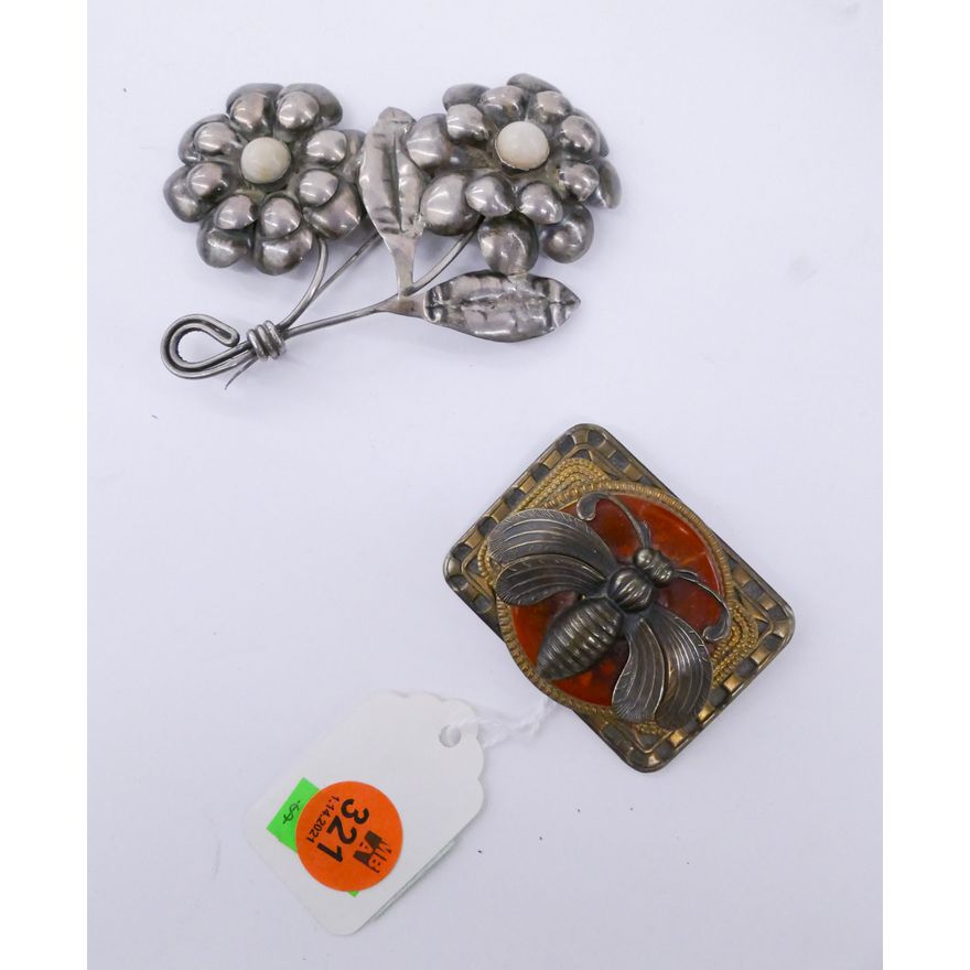2pc Bee & Sterling Flower Brooch