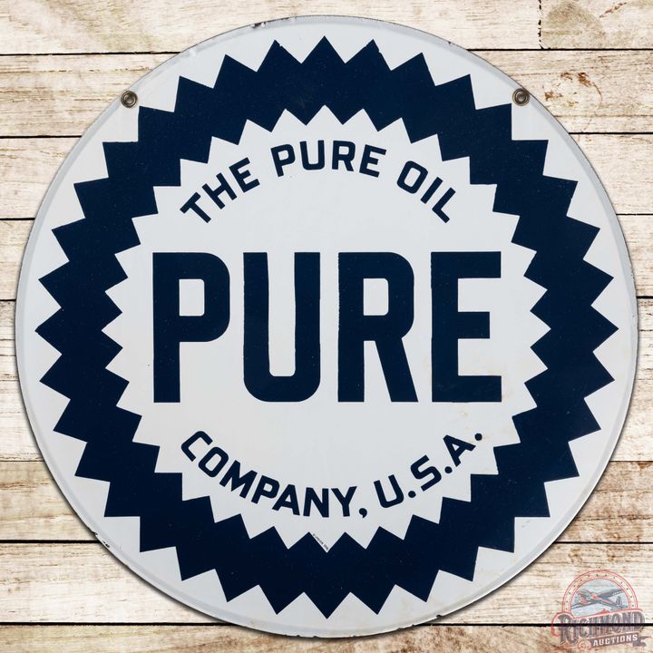 Scarce Pure "The Pure Oil Company USA" 25.5" DS Porcelain Sign w/ Sawtooth Logo