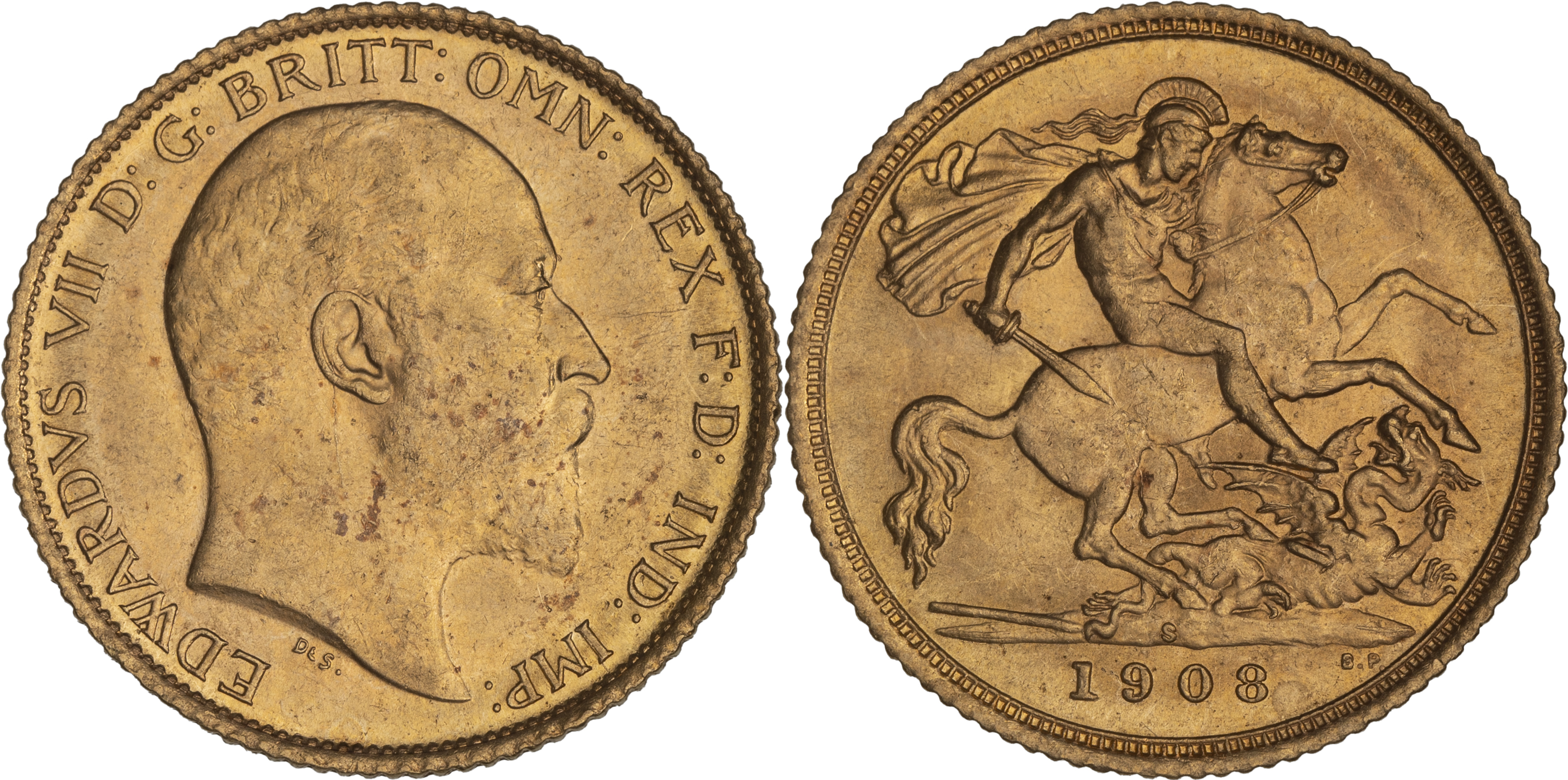 Edward VII, St George Reverse, Half Sovereign, 1908-S, UNC