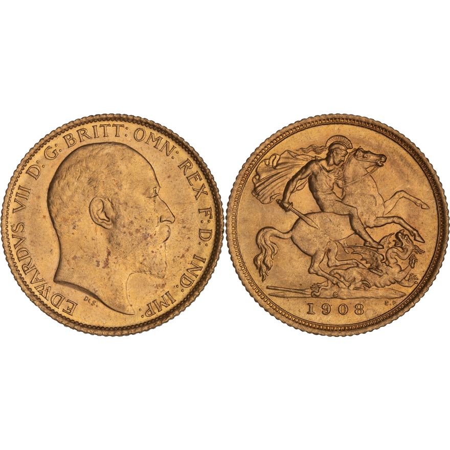Edward VII, St George Reverse, Half Sovereign, 1908-S,  UNC