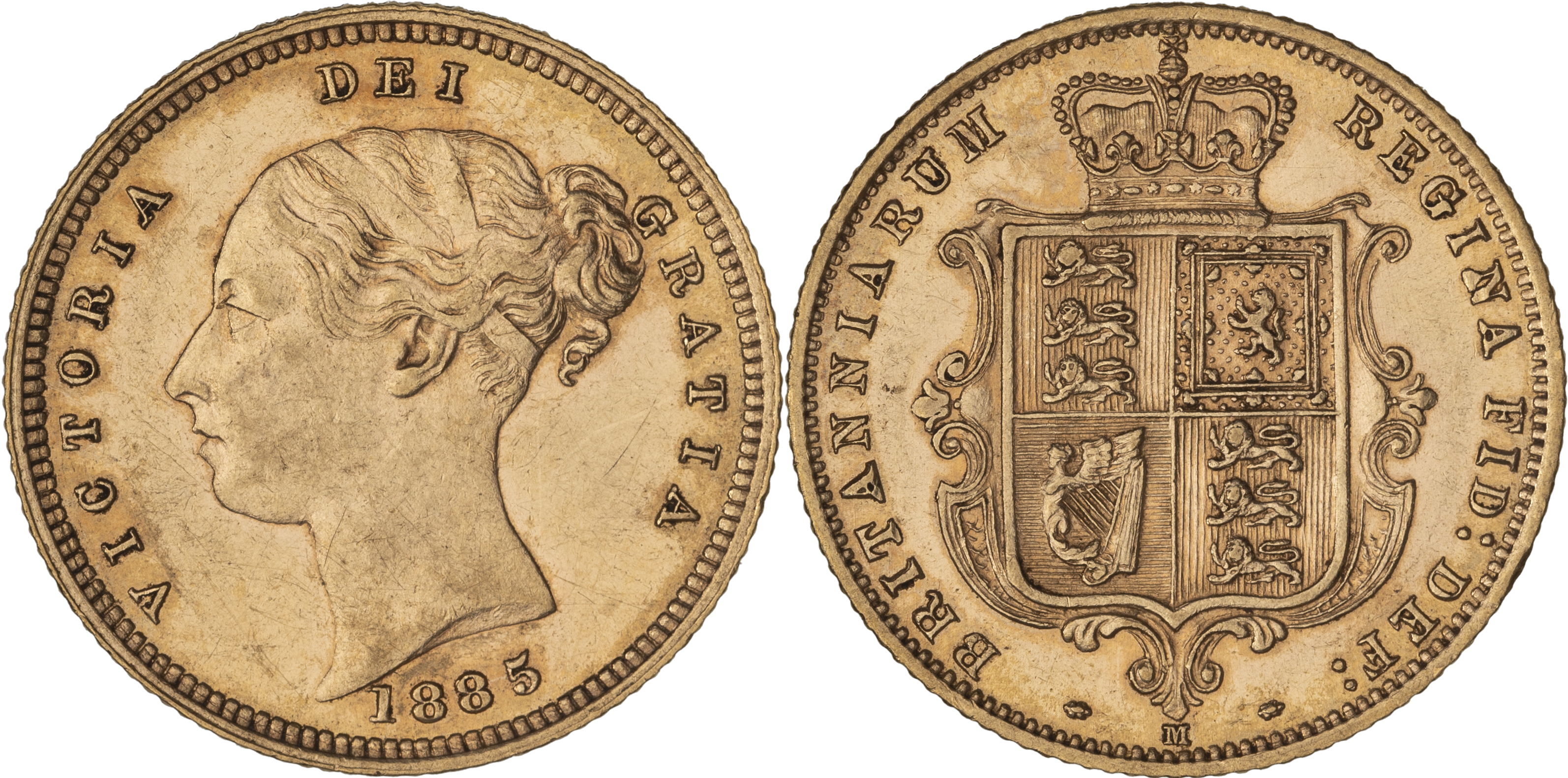 Victoria, Shield Reverse - Young Head, Half Sovereign, 1885-M, aUNC