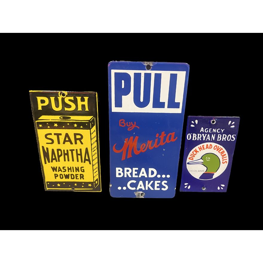 Merita Bread Duck Head Naphtha Porcelain Door Push Signs (Age Unknown)