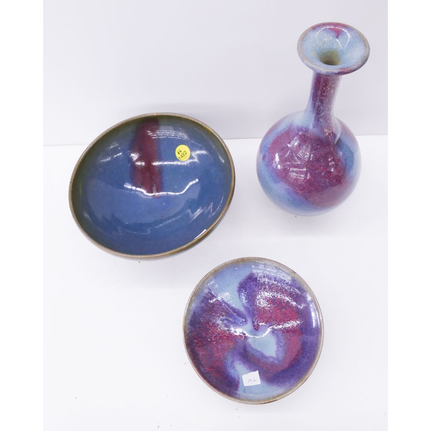 3pc Chinese Junyao Vase & Bowls- tallest 9''