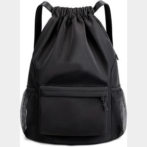 SPORTS DRAWSTRING BACKPACK STRING SWIMMING GYM BAG BACKPACK WITH SHOES COMPARTMENT AND POCKET FOR MEN WOMEN (BLACK-SMALL)