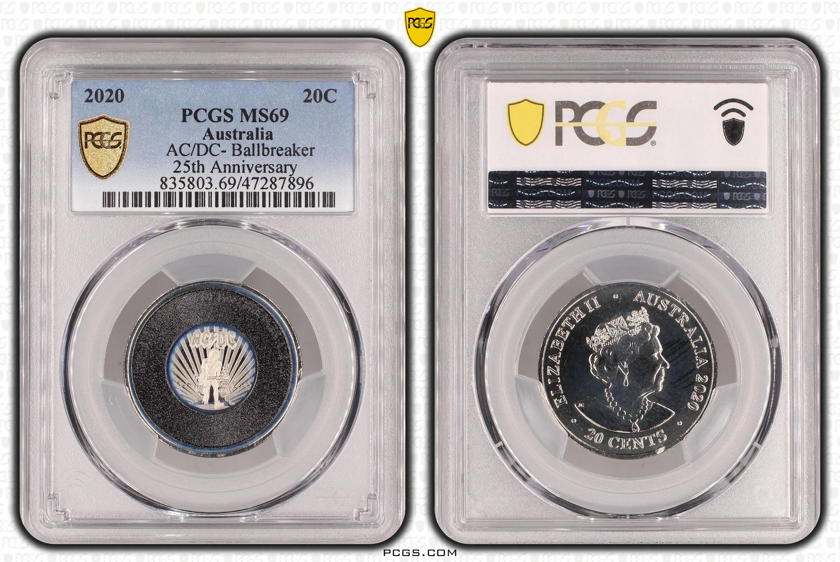 Elizabeth II, AC/DC- Ballbreaker 25th Anniversary, Twenty Cent, 2020, PCGS MS69