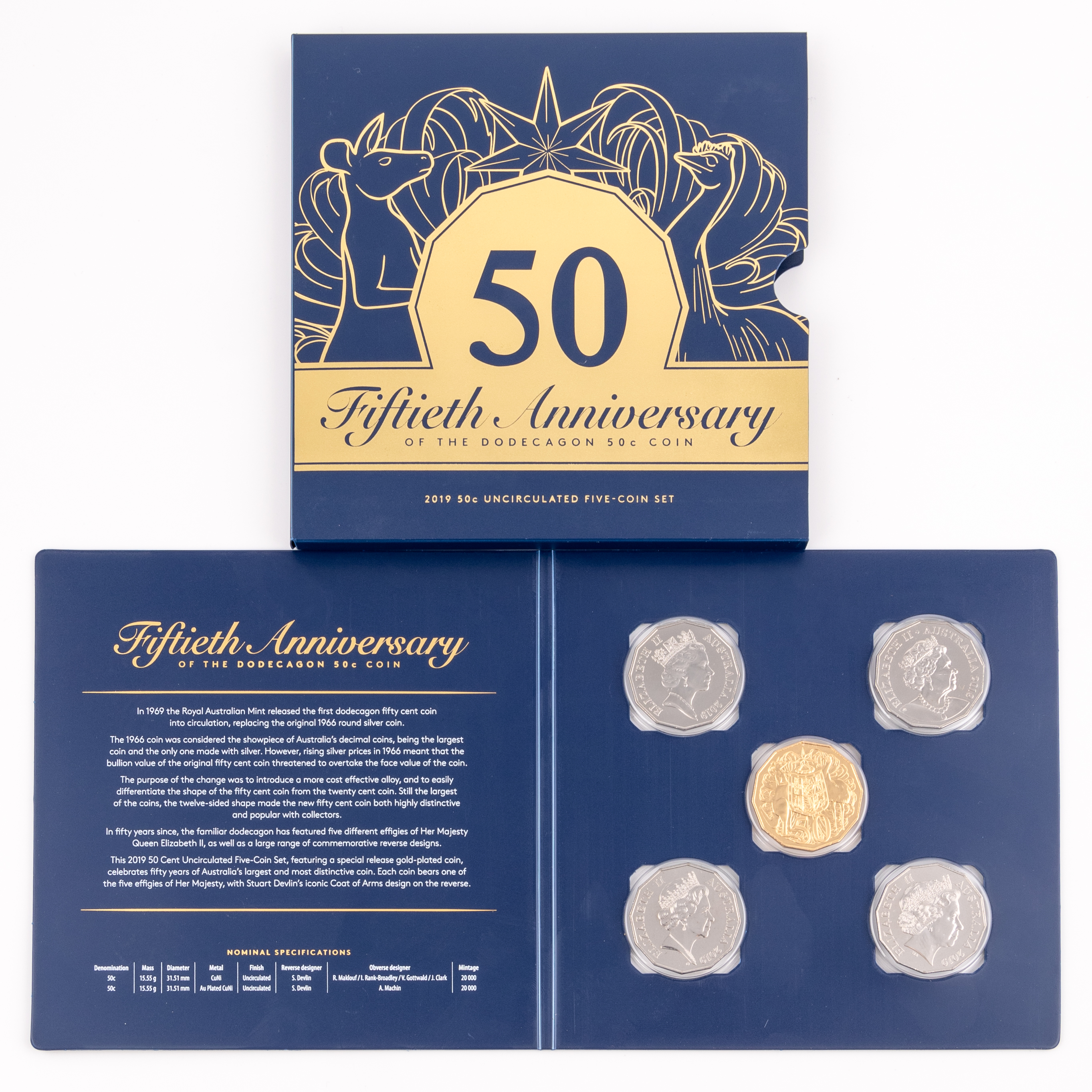 190 · Elizabeth II, Fiftieth Anniversary of the Dodecagon Fifty Cent Coin, Fifty Cents, 2019,  UNC